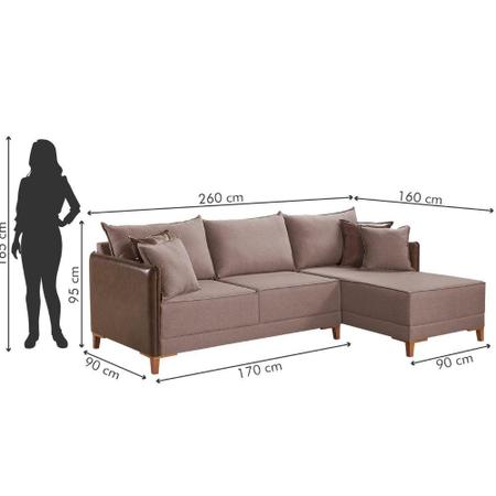 Imagem de Sofá com Chaise M159 5 Lugares Linho Marrom Couro Marrom 2,6 M