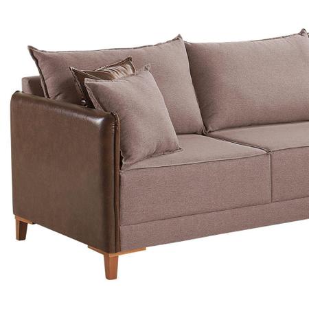 Imagem de Sofá com Chaise M159 5 Lugares Linho Marrom Couro Marrom 2,6 M