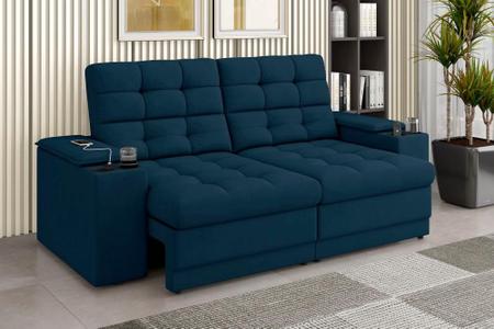 Imagem de Sofá Confort Premium 2,05m Assento Retrátil/Reclinável porta copos e USB Suede Azul - XFlex Sofas
