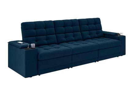Imagem de Sofá Confort Premium 2,30m Assento Retrátil/Reclinável porta copos e USB Suede Azul - XFlex Sofas