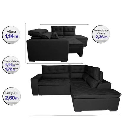 Imagem de Sofá de Canto 2,60x2,36m Retrátil e Reclinável com Molas Cama inBox Platinum Direito Suede Preto