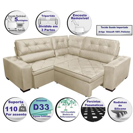 Imagem de Sofa de Canto Retrátil e Reclinável com Molas Cama inBox Austin 2,20m x 2,20m Suede Velusoft Bege