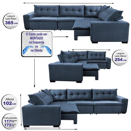 Imagem de Sofa de Canto Retrátil e Reclinável com Molas Cama inBox Oklahoma 3,65X2,51 ou 2,51X3,65 Azul