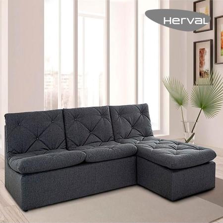 Imagem de Sofá Linho com Chaise 3 Lugares Herval Flora, Preto, 211 cm