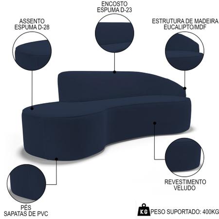 Imagem de Sofá Living  4 Lugares 300cm Braço Direito Mozart D06 Veludo Azul - Mpozenato