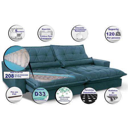 Imagem de Sofa Retrátil e Reclinável 2,32m com Molas Ensacadas Cama inBox Soft Tecido Suede Azul 