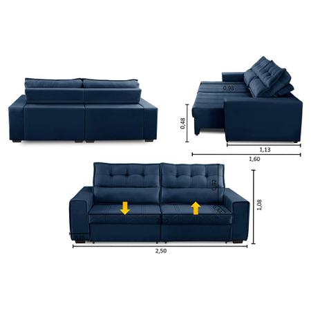 Imagem de Sofá Retrátil e Reclinável 3 Lugares com Molas 2,50m Josi Suede Azul Madelina Decor