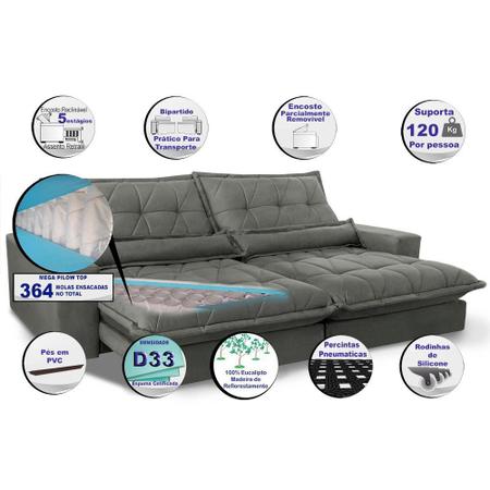 Imagem de Sofa Retrátil e Reclinável 3,12m com Molas Ensacadas Cama inBox Soft Tecido Suede Cinza 