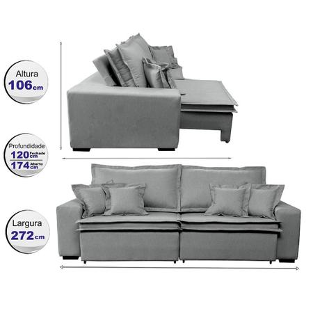 Imagem de Sofa Retrátil e Reclinável com Molas Cama inBox Premium 2,72m tecido em linho Cinza Claro