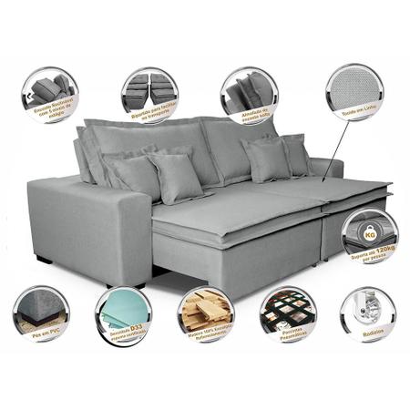 Imagem de Sofa Retrátil e Reclinável com Molas Cama inBox Premium 2,72m tecido em linho Cinza Claro