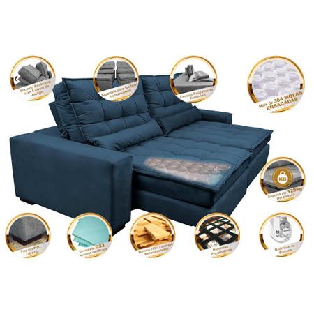 Imagem de Sofá Retrátil e Reclinável com Molas Ensacadas Cama inBox Gold 3,12m Tecido Suede Velusoft Azul
