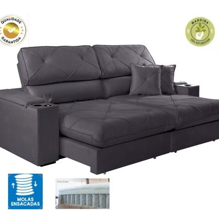 Sofá Retrátil e Reclinável Enzo 290 Cm em Veludo com Porta Copos Espresso Móveis Cinza Chumbo Imagem de Sofá Retrátil e Reclinável Enzo 290 Cm em Veludo com Porta Copos Espresso Móveis Cinza Chumbo