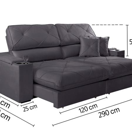 Sofá Retrátil e Reclinável Enzo 290 Cm em Veludo com Porta Copos Espresso Móveis Cinza Chumbo Imagem de Sofá Retrátil e Reclinável Enzo 290 Cm em Veludo com Porta Copos Espresso Móveis Cinza Chumbo