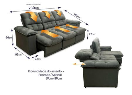 Imagem de Sofá Retrátil Reclinável Atenas 2,30m Suede Velut Cinza c/ Molas no Assento - King House