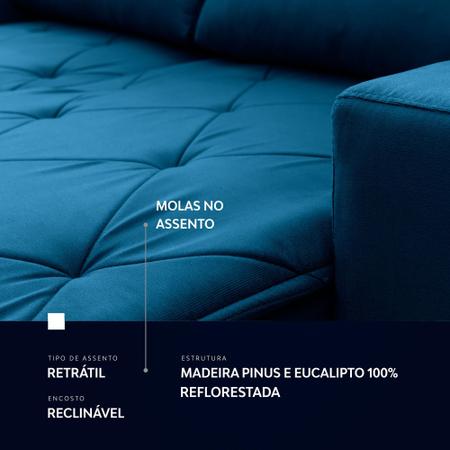 Imagem de Sofá Retrátil/Reclinável Belga 1,80m Suede Velut Azul c/ Molas no Assento