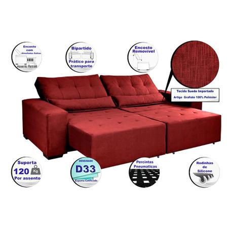 Imagem de Sofá Retrátil, Reclinavel e Cama com Molas Confort Max 2,30 Tecido Suede Vinho - Cama Inbox
