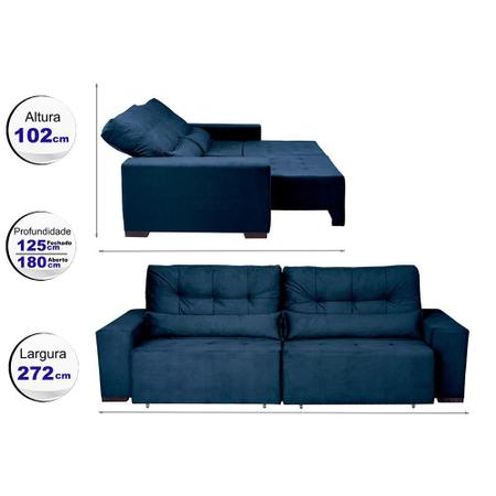 Imagem de Sofá Retrátil, Reclinavel e Cama com Molas Confort Max 2,70 Tecido Suede Azul - Cama InBox