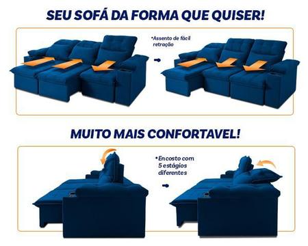 Imagem de Sofá Retrátil Reclinável Verona USB + Porta Copo 2,30m Suede Velut Azul c/ Molas no Assento - King House