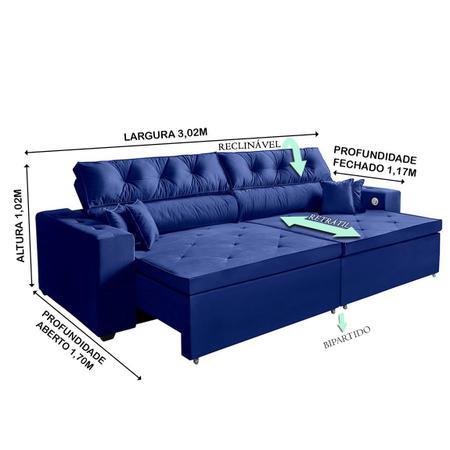 Imagem de Sofá USB, 5 Lugares SMART Retrátil, Reclinável, 3,02 Metros, Tecnologia de Carregamento 3 portas Azul