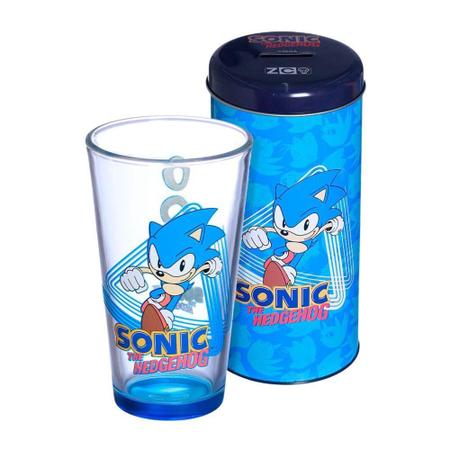 Imagem de Sonic The Hedgehog Kit Copo De Vidro 500ml + Cofre Metal Oficial SEGA - Zona Criativa