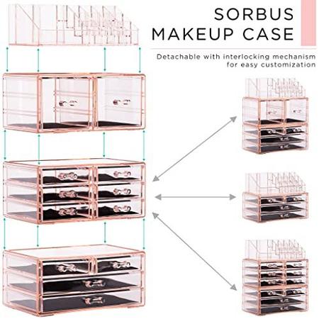Imagem de Sorbus Large Clear Makeup Organizer - Torre de Display de Cosméticos Espaçosa e Destacável - Organizadores de Joias e Maquiagem e Estojo de Armazenamento - Organizador de Maquiagem para Vaidade, Banheiro, Cômoda e Bancada Rosa