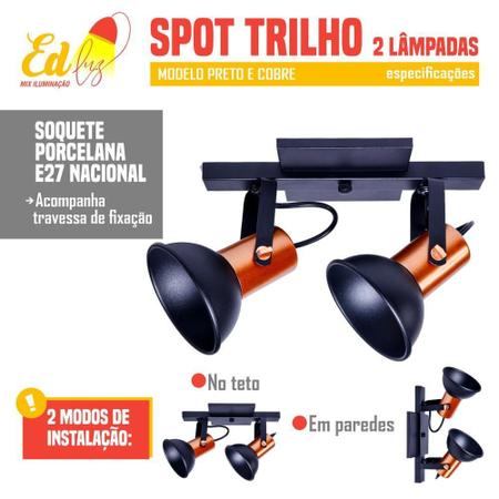 Spot Trilho Sobrepor P3 Lâmpadas E27 Bivolt Preto Ed Luz Mix - Ed-Luz Mix Imagem de Spot Trilho Sobrepor P3 Lâmpadas E27 Bivolt Preto Ed Luz Mix