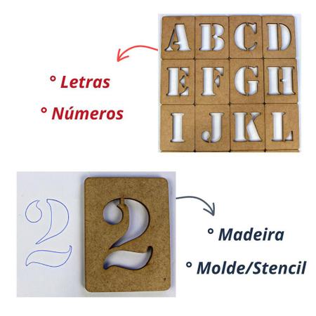 Imagem de Stencil Molde De Alfabeto Letras Numeros Madeira Vazado MDF Natural