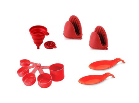 Imagem de Super Kit 22 Utensílios de Cozinha Vermelho Formas e Colheres em Silicone Com cabo em Inox