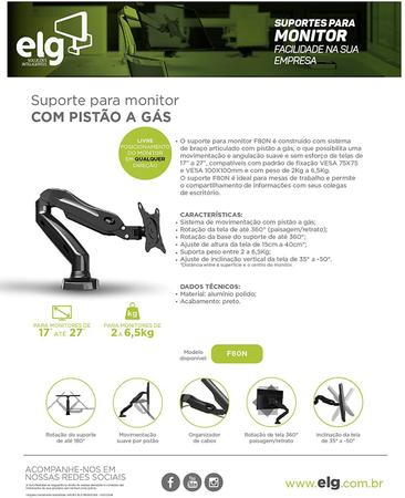 Imagem de Suporte articulado de mesa para monitor com pistao elg f80n