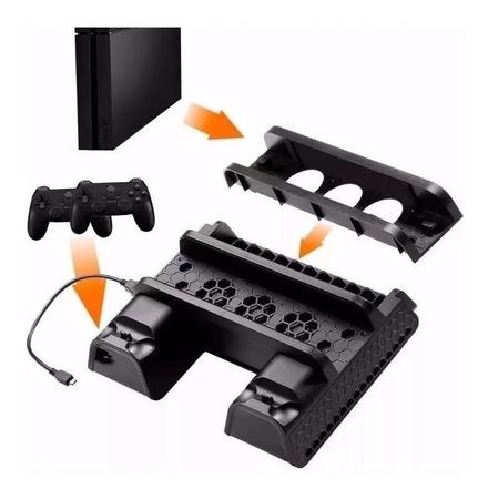 Suporte vertical para PS4/PS4 Slim/PS4 Pro – ventilador de refrigeração com  estação de carregamento do controle de carregador PS4 com armazenamento de  jogo (preto)