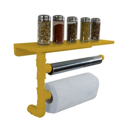 Imagem de Suporte de Parede Porta Papel Toalhas e Prateleira para Temperos Cozinha Estilo Industrial Amarelo