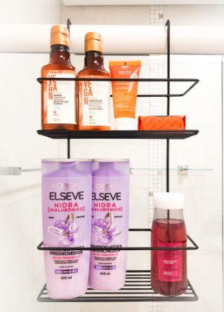 Imagem de Suporte Duplo Porta Shampoo Condicionador Encaixar no Box Colocar no Banheiro Pendurar Aramado 2 Andares