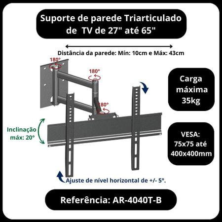 Imagem de SUPORTE FIXO DE PARADE Tv DE LED LCD MONITORES DE 27 A 65 POLEGADAS TRIARTICULADO COM INCLINAÇÃO - PAREDE