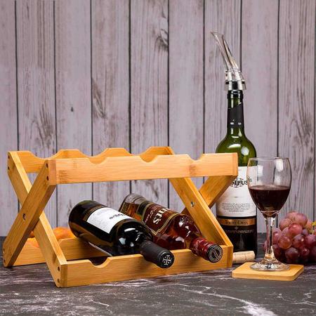 Imagem de Suporte para 6 garrafas de vinho bambu mini adega mesa rack retrátil madeira champanhe uísque vodka