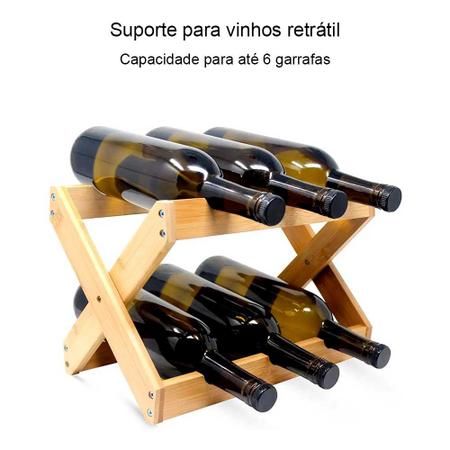 Imagem de Suporte para 6 garrafas de vinho bambu mini adega mesa rack retrátil madeira champanhe uísque vodka