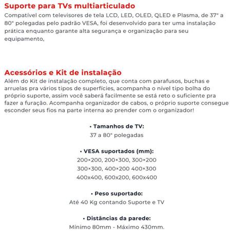 Imagem de Suporte para TV Articulado Multiarticulado 37 a 80" TV's Led, Lcd, Oled, QLed SAV-4600