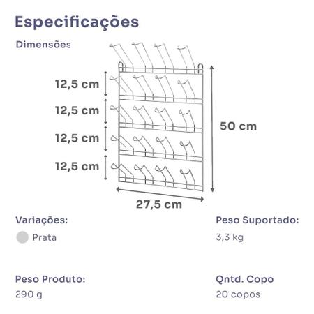 Imagem de Suporte Porta Copos 20 lugares Parede Organizadores Cozinha