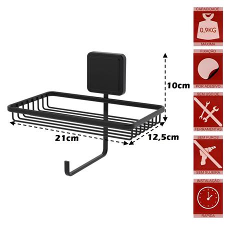Imagem de Suporte Porta Papel Higiênico Adesivo Com Porta Objetos Utensílios Banheiro Preto Fosco - 188PT Future