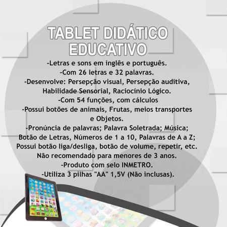 Imagem de Tablet Didático Educativo Infantil Crianças Inglês/Português  Branco