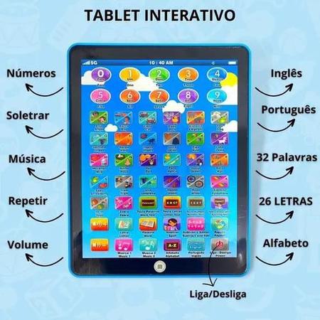 Tablet iPad infantil interativo/educativo bilíngue (português e inglês) com  som - 54 funções - com jogos - matemática e português