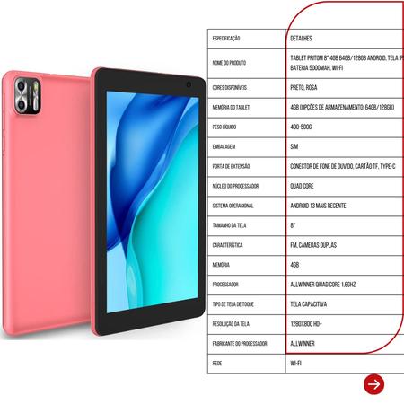 Imagem de Tablet Pritom 8" 4Gb 64Gb/128Gb Android Tela IPS, Bateria 5000mAh, Wi-Fi Preto/Rosa