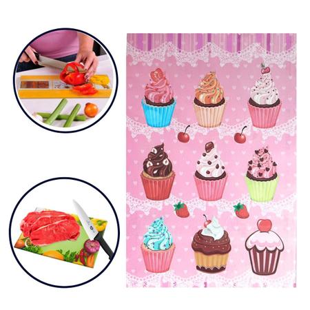 Imagem de Tábua De Corte De Alimentos Decorada Em Vidro Temperado Resistente Com Estampa Cupcake Kit Premium