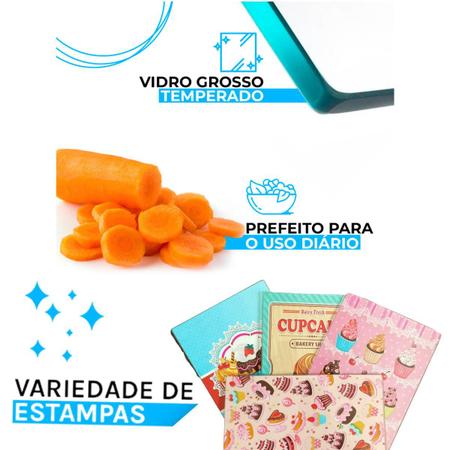 Imagem de Tábua De Corte De Alimentos Decorada Em Vidro Temperado Resistente Com Estampa Cupcake Kit Premium