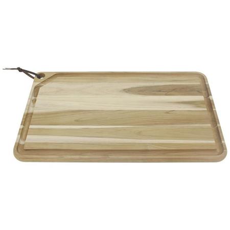 Imagem de Tabua de madeira teca retn com tira em couro p cortar e servir churrasco natural 600x360 tramontina