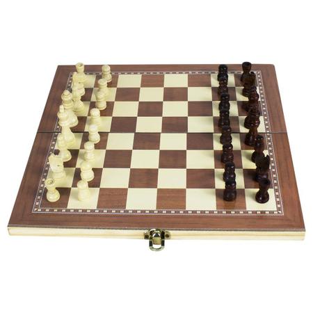 Tabuleiro 3 em 1 xadrez dama e gamão de madeira pequeno - Chess