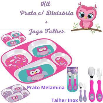 Imagem de Talher Infantil Inox Luxo + Pratinho Divisória Kit 3Pç Hora da refeição