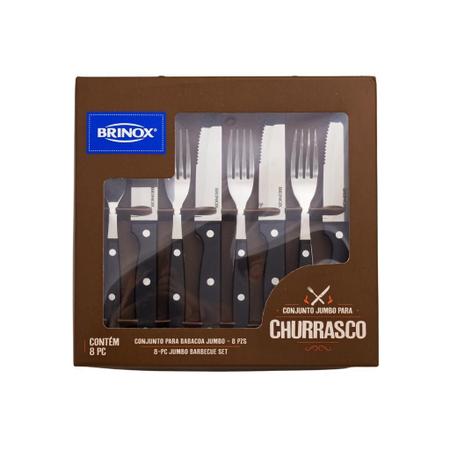 Imagem de Talheres Garfo e Faca Com Cabo Madeira Jumbo Resistente Para Churrasco - 8 Peças