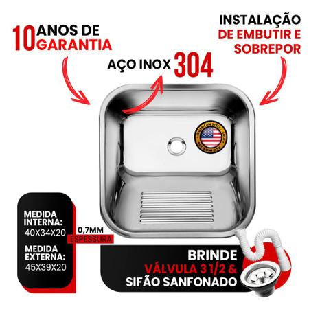 Imagem de Tanque Inox Monobloco 40X40 + Sifão inox 304