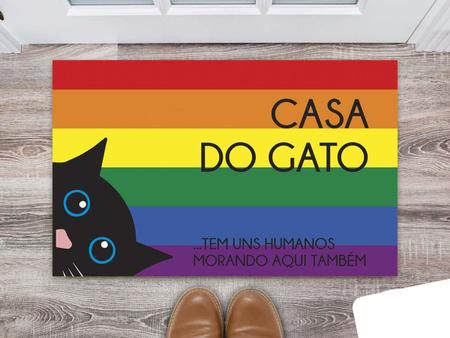 Imagem de Tapete Capacho Decorativo Entrada Porta Sala Casa do Gato (tem uns humanos morando aqui também) Colorido