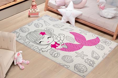 Imagem de Tapete De Quarto Infantil Menina 80cm Sereia Cinza Rosa Lancer